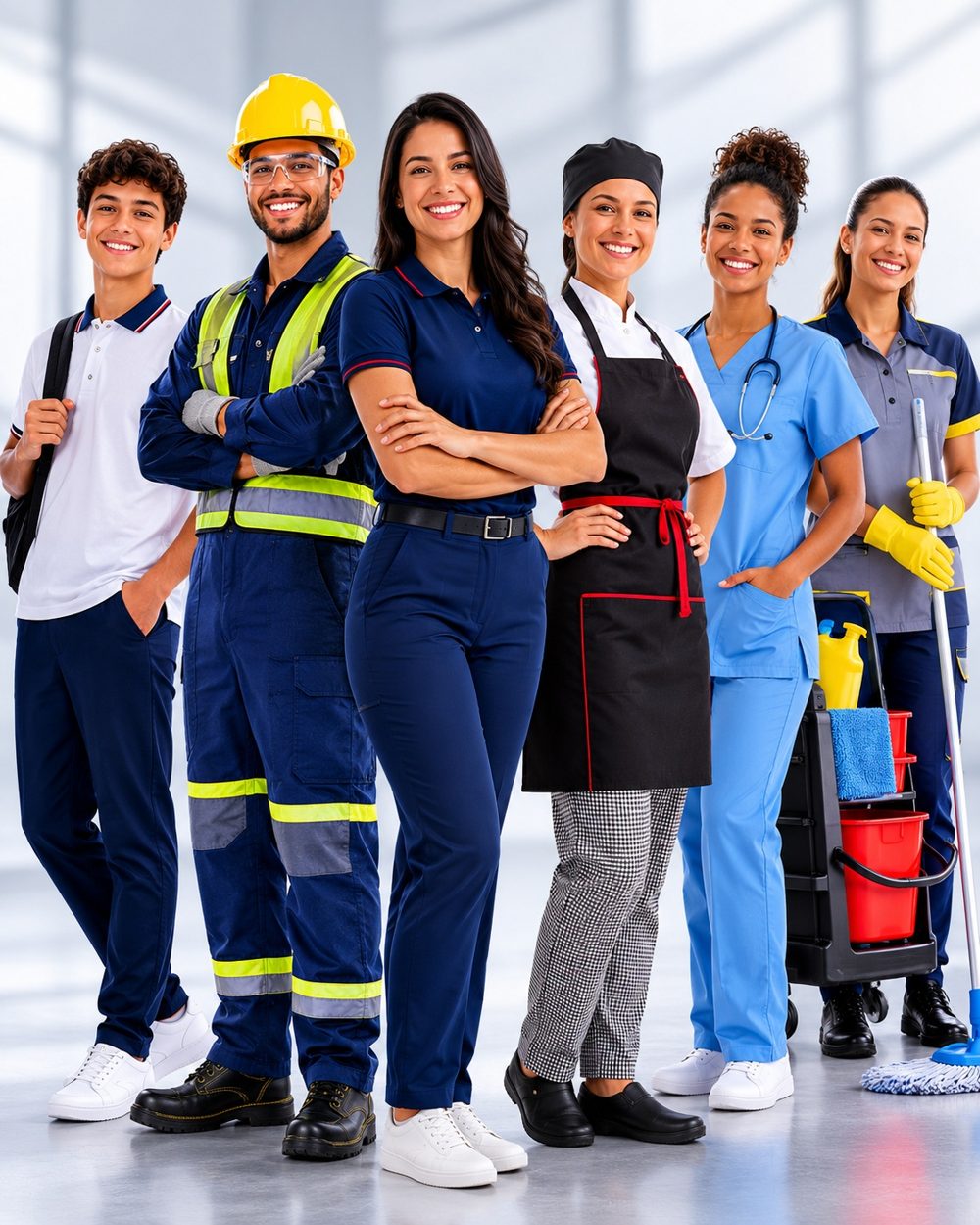 Trabalhadores com diferentes tipos de uniforme — escolar, industrial, corporativo, serviços e saúde